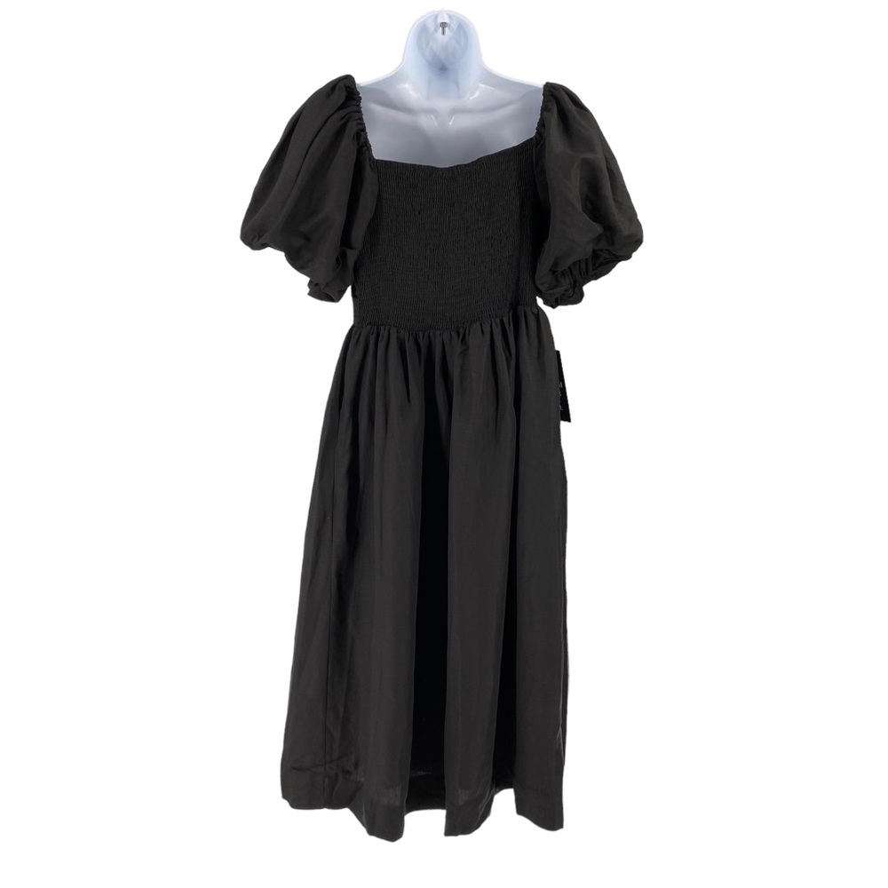 Pomander Place NEW Alexis Puff Sleeve Black Linen Pockets Midi Dress Size L - Picture 7 of 11